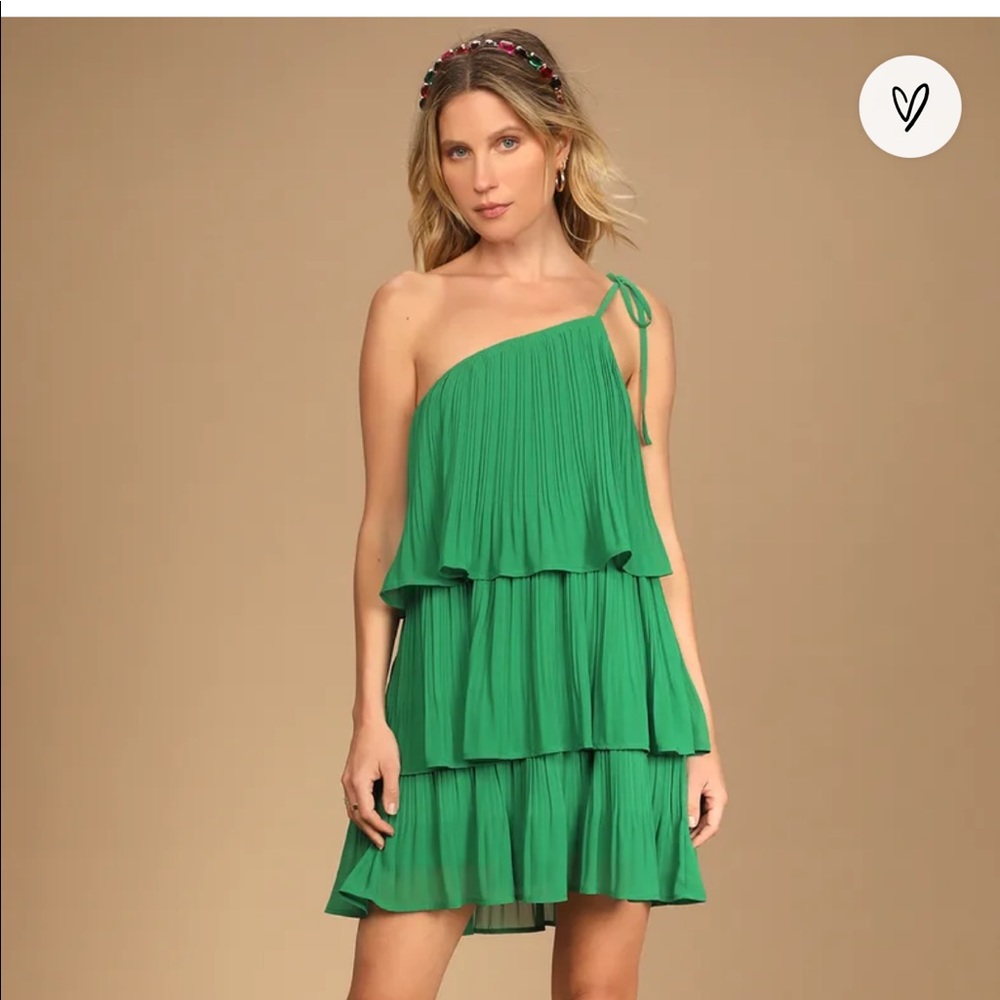 Lulus size large green dress one shoulder tiered